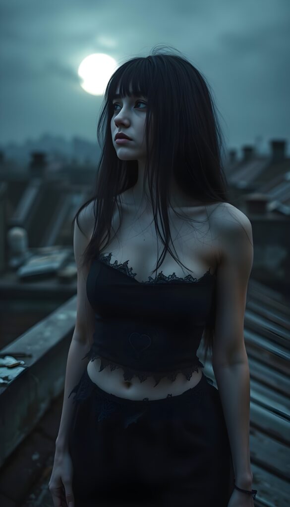 A melancholic pale gothic girl with a somber expression stands on a weathered rooftop, gazing at the luminous full moon. She wears a tattered black cropped tank top, revealing her midriff, and her long, straight black hair cascades down her back. The scene is bathed in a soft, ethereal blue and silver glow, highlighting the delicate details of her Gothic attire. The moon casts an enchanting light, creating a surreal atmosphere with a touch of mystery and solitude. The girl's pale skin contrasts beautifully with the dark, moody background, and the intricate lace and ruffles of her outfit add a touch of elegance and depth to the composition.