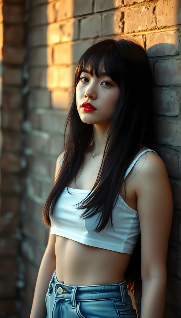 A melancholic young and cute Korean girl in a full body shot with soft, straight jet-brown long open full hair with blind highlights and bangs framing her heart-shaped face posed against a textured urban brick wall backdrop. Her lips are painted a deep, rich red, and she wears a white, short-sleeved cropped tank top that accentuates her slender figure. She has a cute round belly button. She wears short tattered blue jeans pants. The scene is bathed in soft, golden evening light casting long shadows, evoking a sense of solitude and contemplation. The composition emphasizes her somber expression and introspective mood, with a subtle hint of melancholy in her eyes, enhanced by a slightly blurred foreground to add depth and focus on her profile. Slightly side view.