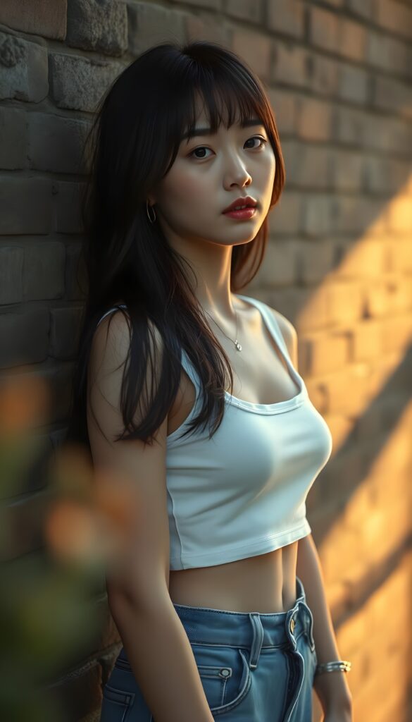 A melancholic young and cute Korean girl in a full body shot with soft, straight jet-brown long open full hair with blind highlights and bangs framing her heart-shaped face posed against a textured urban brick wall backdrop. Her lips are painted a deep, rich red, and she wears a white, short-sleeved cropped tank top that accentuates her slender figure. She has a cute round belly button. She wears short tattered blue jeans pants. The scene is bathed in soft, golden evening light casting long shadows, evoking a sense of solitude and contemplation. The composition emphasizes her somber expression and introspective mood, with a subtle hint of melancholy in her eyes, enhanced by a slightly blurred foreground to add depth and focus on her profile. Slightly side view.