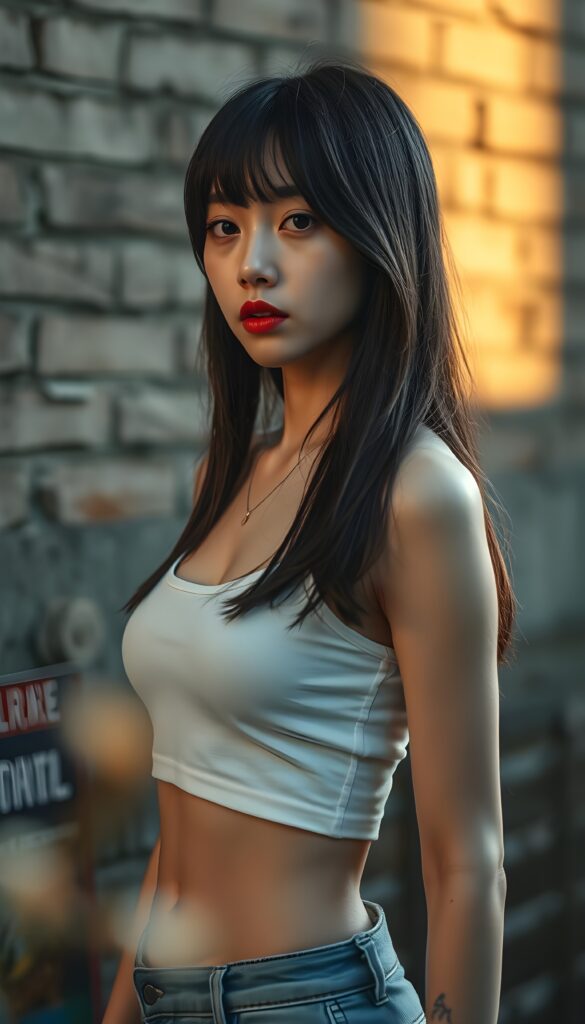 A melancholic young and cute Korean girl in a full body shot with soft, straight jet-brown long open full hair with blind highlights and bangs framing her heart-shaped face posed against a textured urban brick wall backdrop. Her lips are painted a deep, rich red, and she wears a white, short-sleeved cropped tank top that accentuates her slender figure. She has a cute round belly button. She wears short tattered blue jeans pants. The scene is bathed in soft, golden evening light casting long shadows, evoking a sense of solitude and contemplation. The composition emphasizes her somber expression and introspective mood, with a subtle hint of melancholy in her eyes, enhanced by a slightly blurred foreground to add depth and focus on her profile. Slightly side view.