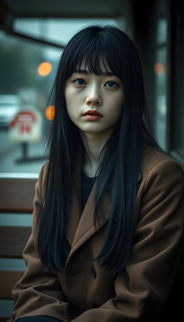 A melancholic young Asian girl with long, sleek black hair and flawless bangs sits on a wooden bench. Her porcelain skin contrasts beautifully with her blue eyes, which reflect the dim light of the overcast sky. She wears a sophisticated brown coat, adding to her elegance. The heavy raindrops form a curtain around her, emphasizing her isolation and sadness. Her posture speaks volumes. The scene is bathed in a moody, cinematic lighting, enhancing the sense of loneliness and abandonment.