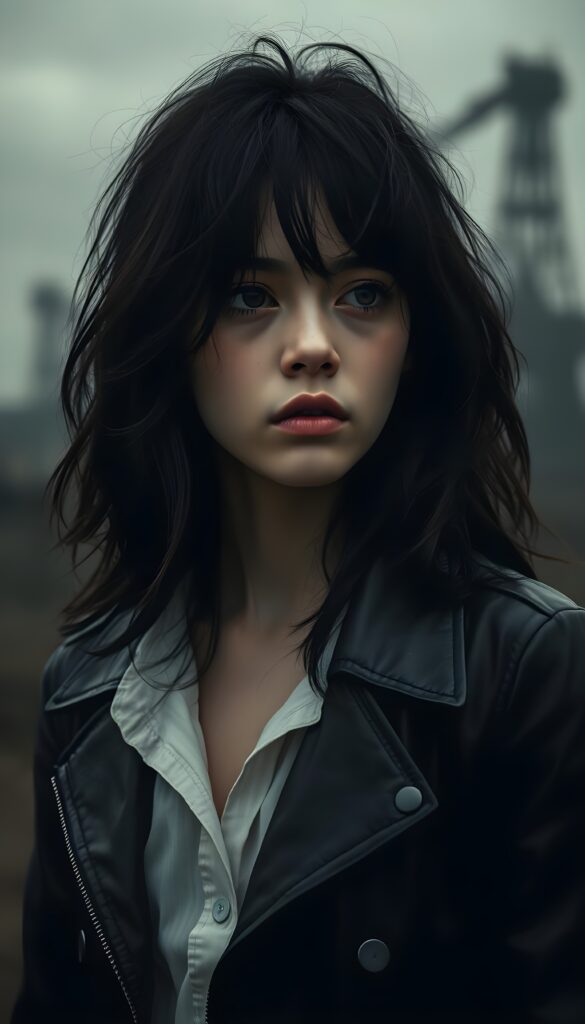 A melancholic young goth girl, her hair as dark as night, cascades down her shoulders, framing her face in a cascade of soft waves. She wears a striking combination of a black leather jacket and a crisp white shirt, contrasting sharply against the somber, gray backdrop. Her eyes, heavy with emotion, gaze pensively into the distance, revealing a sense of deep sorrow and weariness. The lighting is soft yet dramatic, casting gentle shadows that accentuate her features and the texture of her attire, evoking a haunting yet captivating atmosphere. In the background, faint, shadowy silhouettes of industrial structures loom, adding to the melancholic ambiance.