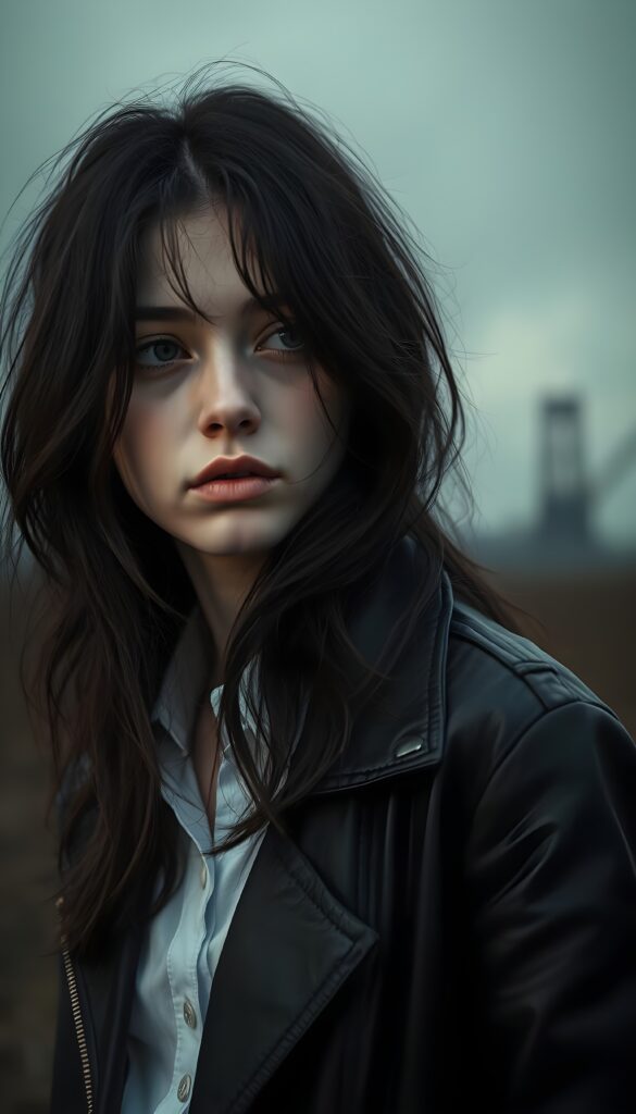 A melancholic young goth girl, her hair as dark as night, cascades down her shoulders, framing her face in a cascade of soft waves. She wears a striking combination of a black leather jacket and a crisp white shirt, contrasting sharply against the somber, gray backdrop. Her eyes, heavy with emotion, gaze pensively into the distance, revealing a sense of deep sorrow and weariness. The lighting is soft yet dramatic, casting gentle shadows that accentuate her features and the texture of her attire, evoking a haunting yet captivating atmosphere. In the background, faint, shadowy silhouettes of industrial structures loom, adding to the melancholic ambiance.