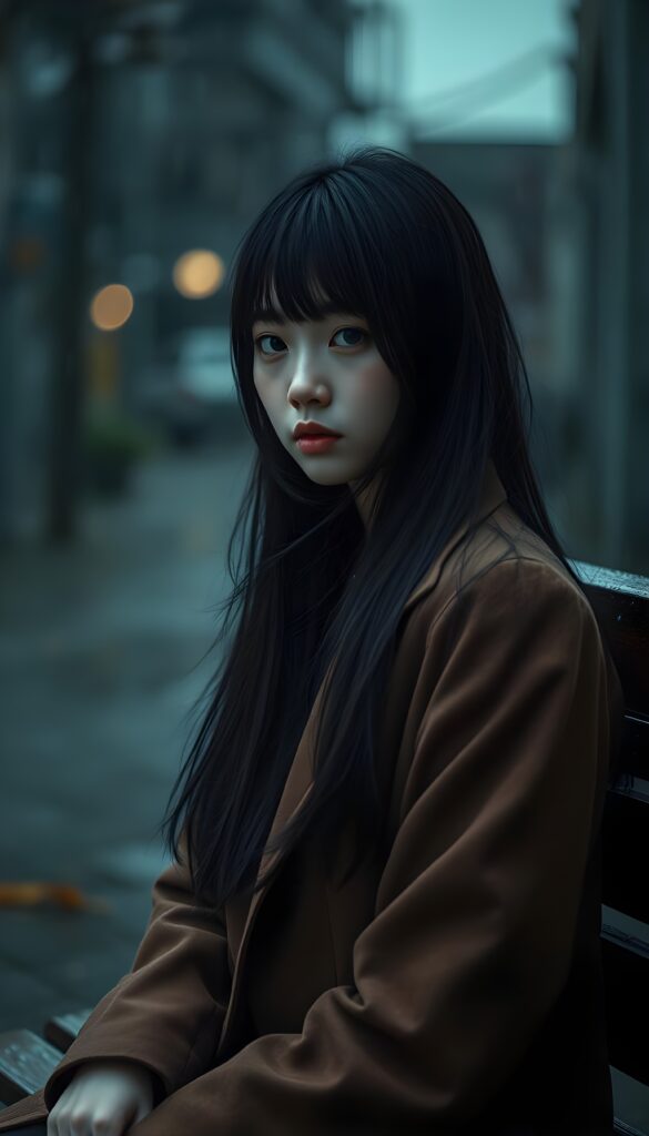 A melancholic young Asian girl with long, sleek black hair and flawless bangs sits on a wooden bench. Her porcelain skin contrasts beautifully with her blue eyes, which reflect the dim light of the overcast sky. She wears a sophisticated brown coat, adding to her elegance. The heavy raindrops form a curtain around her, emphasizing her isolation and sadness. Her posture speaks volumes. The scene is bathed in a moody, cinematic lighting, enhancing the sense of loneliness and abandonment.