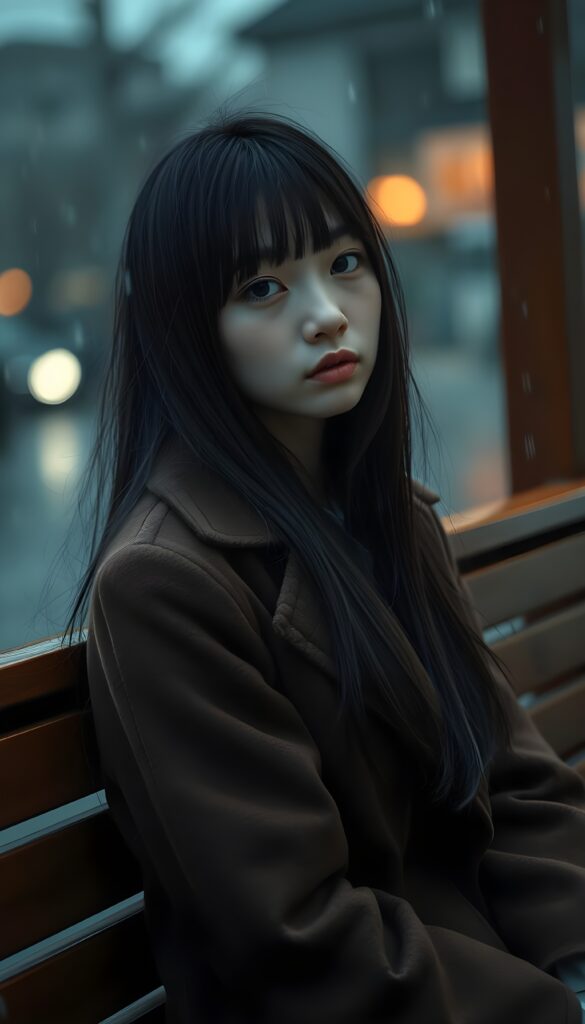 A melancholic young Asian girl with long, sleek black hair and flawless bangs sits on a wooden bench. Her porcelain skin contrasts beautifully with her blue eyes, which reflect the dim light of the overcast sky. She wears a sophisticated brown coat, adding to her elegance. The heavy raindrops form a curtain around her, emphasizing her isolation and sadness. Her posture speaks volumes. The scene is bathed in a moody, cinematic lighting, enhancing the sense of loneliness and abandonment.