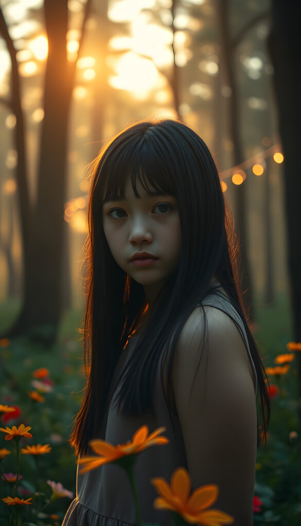 A melancholic young girl with straight black hair gazes solemnly at the viewer, her face illuminated by the soft, golden light of a setting sun. She stands in a mystical forest with towering trees and vibrant, colorful flowers surrounding her. The scene is bathed in a warm, ethereal glow, with delicate fairy lights hanging from the branches, creating a dreamlike atmosphere. Her expression is filled with quiet sorrow, and her eyes reflect the beauty yet melancholy of her surroundings. The image captures the essence of her solitude and the gentle embrace of nature.