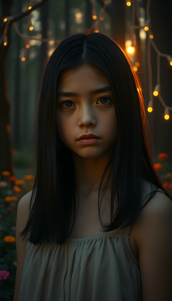 A melancholic young girl with straight black hair gazes solemnly at the viewer, her face illuminated by the soft, golden light of a setting sun. She stands in a mystical forest with towering trees and vibrant, colorful flowers surrounding her. The scene is bathed in a warm, ethereal glow, with delicate fairy lights hanging from the branches, creating a dreamlike atmosphere. Her expression is filled with quiet sorrow, and her eyes reflect the beauty yet melancholy of her surroundings. The image captures the essence of her solitude and the gentle embrace of nature.
