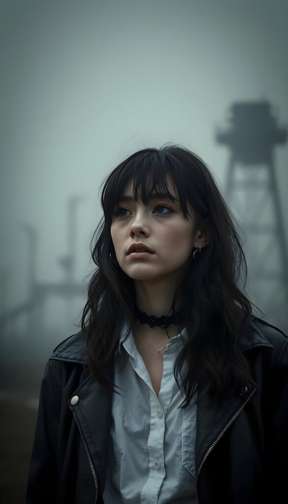 A melancholic young goth girl, her hair as dark as night, cascades down her shoulders, framing her face in a cascade of soft waves. She wears a striking combination of a black leather jacket and a crisp white shirt, contrasting sharply against the somber, gray backdrop. Her eyes, heavy with emotion, gaze pensively into the distance, revealing a sense of deep sorrow and weariness. The lighting is soft yet dramatic, casting gentle shadows that accentuate her features and the texture of her attire, evoking a haunting yet captivating atmosphere. In the background, faint, shadowy silhouettes of industrial structures loom, adding to the melancholic ambiance.