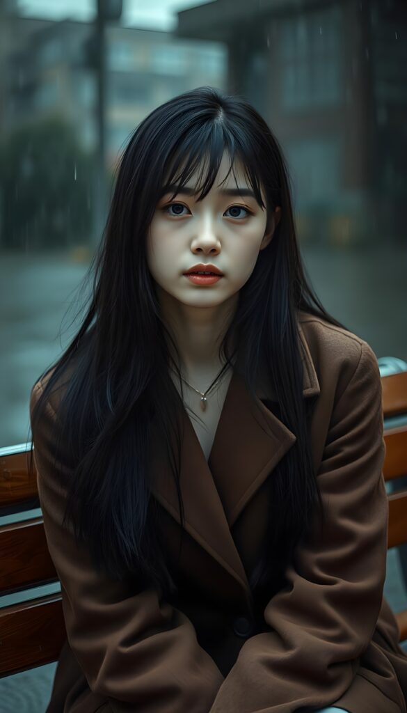 A melancholic young Asian girl with long, sleek black hair and flawless bangs sits on a wooden bench. Her porcelain skin contrasts beautifully with her blue eyes, which reflect the dim light of the overcast sky. She wears a sophisticated brown coat, adding to her elegance. The heavy raindrops form a curtain around her, emphasizing her isolation and sadness. Her posture speaks volumes. The scene is bathed in a moody, cinematic lighting, enhancing the sense of loneliness and abandonment.