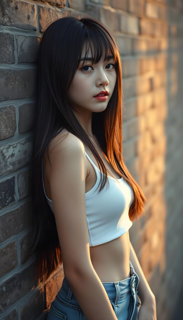 A melancholic young and cute Korean girl in a full body shot with soft, straight jet-brown long open full hair with blind highlights and bangs framing her heart-shaped face posed against a textured urban brick wall backdrop. Her lips are painted a deep, rich red, and she wears a white, short-sleeved cropped tank top that accentuates her slender figure. She has a cute round belly button. She wears short tattered blue jeans pants. The scene is bathed in soft, golden evening light casting long shadows, evoking a sense of solitude and contemplation. The composition emphasizes her somber expression and introspective mood, with a subtle hint of melancholy in her eyes, enhanced by a slightly blurred foreground to add depth and focus on her profile. Slightly side view.