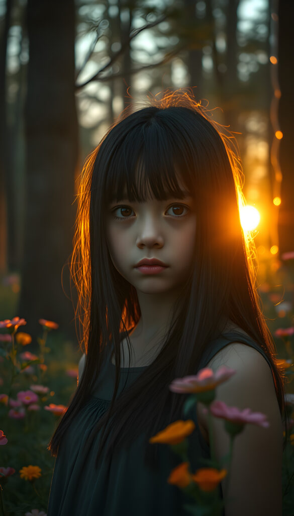 A melancholic young girl with straight black hair gazes solemnly at the viewer, her face illuminated by the soft, golden light of a setting sun. She stands in a mystical forest with towering trees and vibrant, colorful flowers surrounding her. The scene is bathed in a warm, ethereal glow, with delicate fairy lights hanging from the branches, creating a dreamlike atmosphere. Her expression is filled with quiet sorrow, and her eyes reflect the beauty yet melancholy of her surroundings. The image captures the essence of her solitude and the gentle embrace of nature.