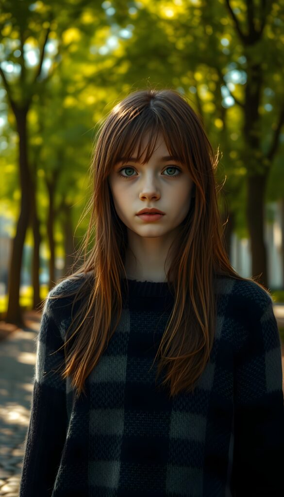 A melancholic young girl with long, straight auburn hair and expressive brown eyes stands in the center of a sunlit, tree-lined avenue. She wears a cozy black, white, and grey checked wool sweater. Her round face carries a poignant, longing expression as she gazes directly at the viewer. The scene is bathed in warm, golden sunlight filtering through the lush green leaves, creating a serene yet poignant atmosphere. The background features a picturesque cobblestone path lined with tall, vibrant trees, with soft, dappled light casting gentle shadows on the ground. The overall composition evokes a sense of quiet introspection and yearning.