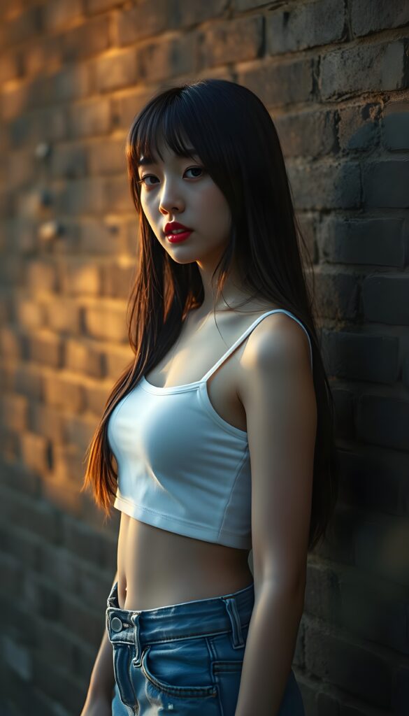A melancholic young and cute Korean girl in a full body shot with soft, straight jet-brown long open full hair with blind highlights and bangs framing her heart-shaped face posed against a textured urban brick wall backdrop. Her lips are painted a deep, rich red, and she wears a white, short-sleeved cropped tank top that accentuates her slender figure. She has a cute round belly button. She wears short tattered blue jeans pants. The scene is bathed in soft, golden evening light casting long shadows, evoking a sense of solitude and contemplation. The composition emphasizes her somber expression and introspective mood, with a subtle hint of melancholy in her eyes, enhanced by a slightly blurred foreground to add depth and focus on her profile. Slightly side view.