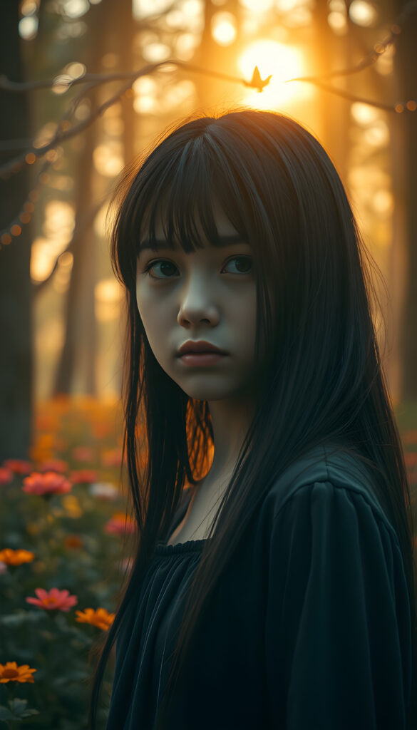 A melancholic young girl with straight black hair gazes solemnly at the viewer, her face illuminated by the soft, golden light of a setting sun. She stands in a mystical forest with towering trees and vibrant, colorful flowers surrounding her. The scene is bathed in a warm, ethereal glow, with delicate fairy lights hanging from the branches, creating a dreamlike atmosphere. Her expression is filled with quiet sorrow, and her eyes reflect the beauty yet melancholy of her surroundings. The image captures the essence of her solitude and the gentle embrace of nature.