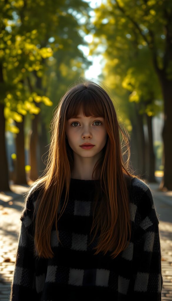 A melancholic young girl with long, straight auburn hair and expressive brown eyes stands in the center of a sunlit, tree-lined avenue. She wears a cozy black, white, and grey checked wool sweater. Her round face carries a poignant, longing expression as she gazes directly at the viewer. The scene is bathed in warm, golden sunlight filtering through the lush green leaves, creating a serene yet poignant atmosphere. The background features a picturesque cobblestone path lined with tall, vibrant trees, with soft, dappled light casting gentle shadows on the ground. The overall composition evokes a sense of quiet introspection and yearning.