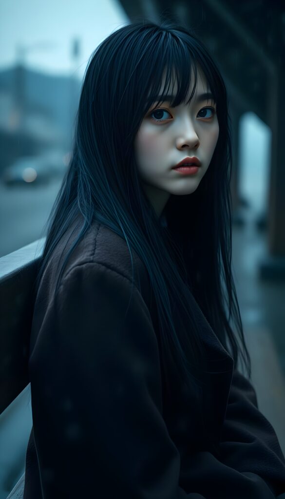 A melancholic young Asian girl with long, sleek black hair and flawless bangs sits on a wooden bench. Her porcelain skin contrasts beautifully with her blue eyes, which reflect the dim light of the overcast sky. She wears a sophisticated brown coat, adding to her elegance. The heavy raindrops form a curtain around her, emphasizing her isolation and sadness. Her posture speaks volumes. The scene is bathed in a moody, cinematic lighting, enhancing the sense of loneliness and abandonment.