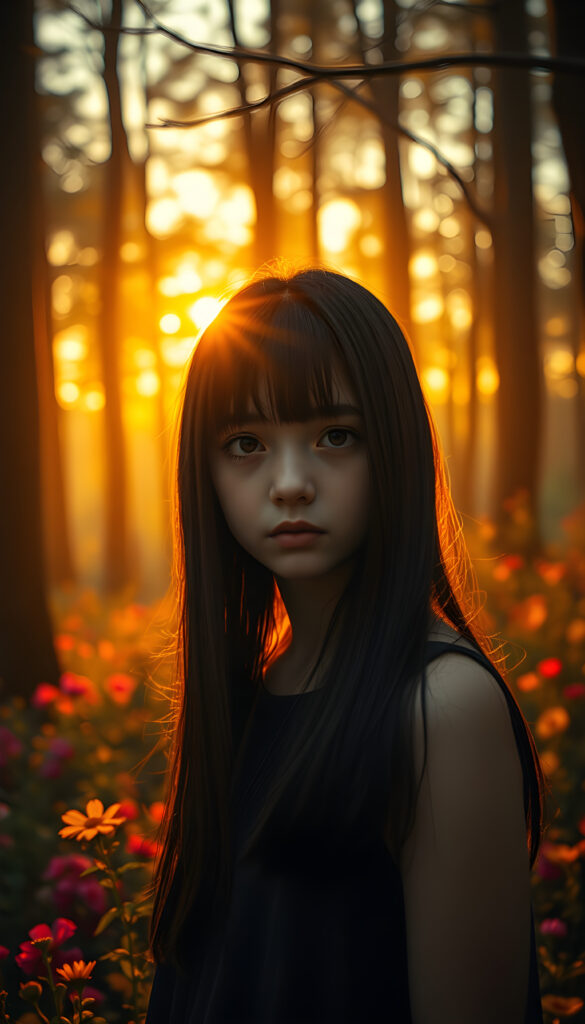 A melancholic young girl with straight black hair gazes solemnly at the viewer, her face illuminated by the soft, golden light of a setting sun. She stands in a mystical forest with towering trees and vibrant, colorful flowers surrounding her. The scene is bathed in a warm, ethereal glow, with delicate fairy lights hanging from the branches, creating a dreamlike atmosphere. Her expression is filled with quiet sorrow, and her eyes reflect the beauty yet melancholy of her surroundings. The image captures the essence of her solitude and the gentle embrace of nature.