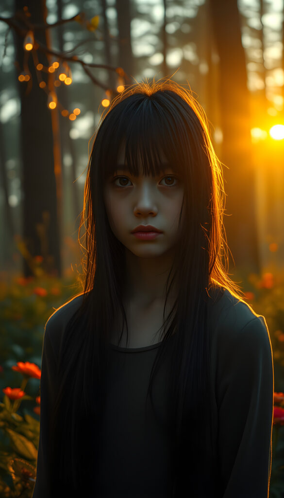 A melancholic young girl with straight black hair gazes solemnly at the viewer, her face illuminated by the soft, golden light of a setting sun. She stands in a mystical forest with towering trees and vibrant, colorful flowers surrounding her. The scene is bathed in a warm, ethereal glow, with delicate fairy lights hanging from the branches, creating a dreamlike atmosphere. Her expression is filled with quiet sorrow, and her eyes reflect the beauty yet melancholy of her surroundings. The image captures the essence of her solitude and the gentle embrace of nature.