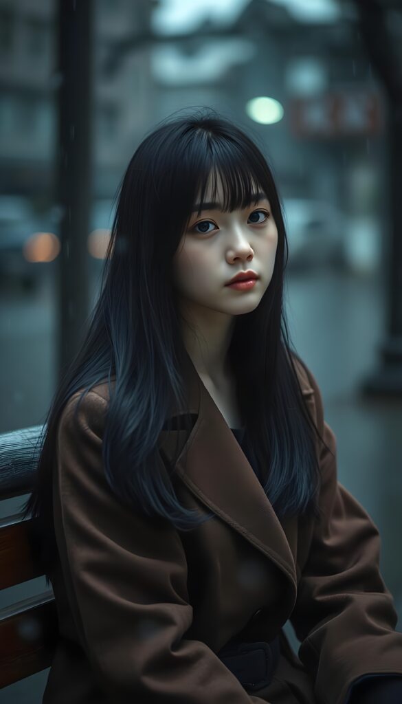 A melancholic young Asian girl with long, sleek black hair and flawless bangs sits on a wooden bench. Her porcelain skin contrasts beautifully with her blue eyes, which reflect the dim light of the overcast sky. She wears a sophisticated brown coat, adding to her elegance. The heavy raindrops form a curtain around her, emphasizing her isolation and sadness. Her posture speaks volumes. The scene is bathed in a moody, cinematic lighting, enhancing the sense of loneliness and abandonment.