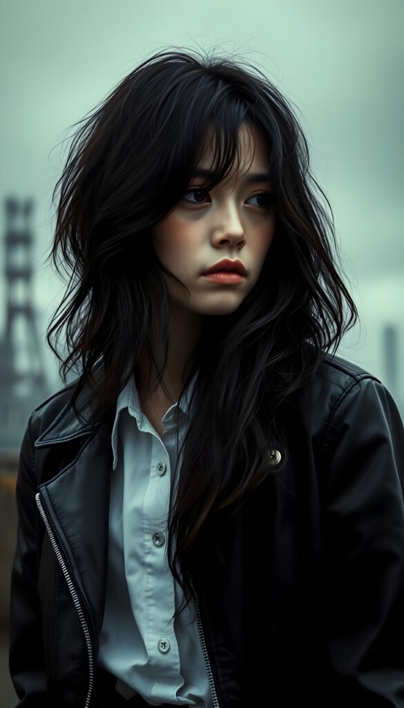 A melancholic young goth girl, her hair as dark as night, cascades down her shoulders, framing her face in a cascade of soft waves. She wears a striking combination of a black leather jacket and a crisp white shirt, contrasting sharply against the somber, gray backdrop. Her eyes, heavy with emotion, gaze pensively into the distance, revealing a sense of deep sorrow and weariness. The lighting is soft yet dramatic, casting gentle shadows that accentuate her features and the texture of her attire, evoking a haunting yet captivating atmosphere. In the background, faint, shadowy silhouettes of industrial structures loom, adding to the melancholic ambiance.