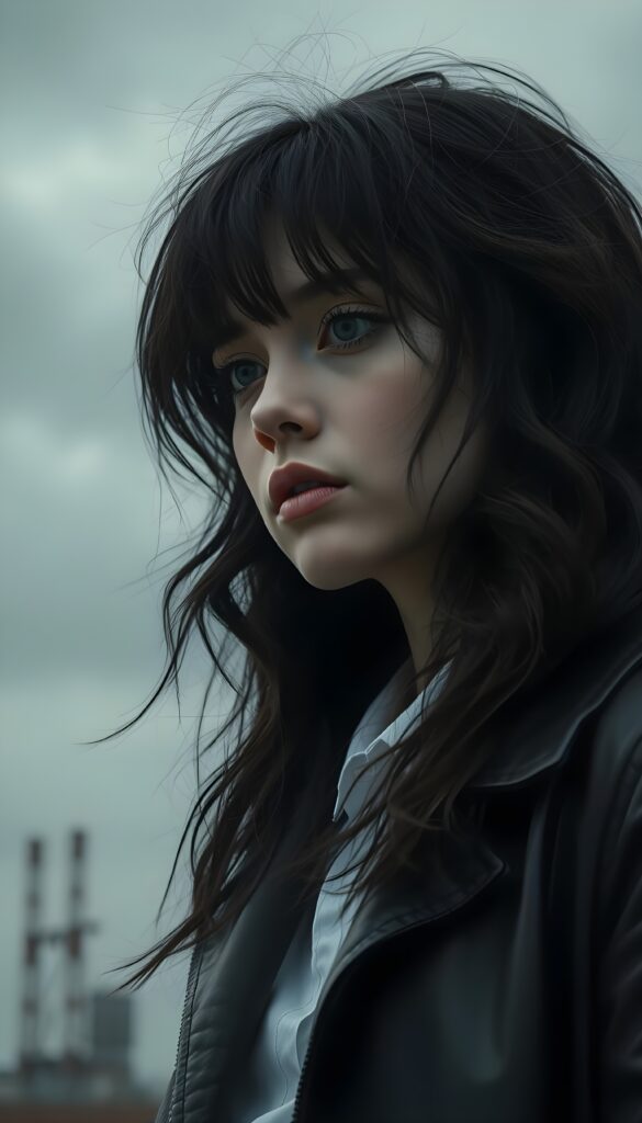 A melancholic young goth girl, her hair as dark as night, cascades down her shoulders, framing her face in a cascade of soft waves. She wears a striking combination of a black leather jacket and a crisp white shirt, contrasting sharply against the somber, gray backdrop. Her eyes, heavy with emotion, gaze pensively into the distance, revealing a sense of deep sorrow and weariness. The lighting is soft yet dramatic, casting gentle shadows that accentuate her features and the texture of her attire, evoking a haunting yet captivating atmosphere. In the background, faint, shadowy silhouettes of industrial structures loom, adding to the melancholic ambiance.