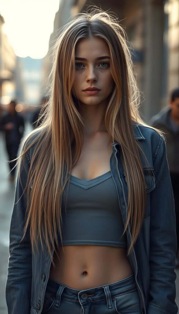 A melancholic young cute girl with a graceful posture stands in the streets, her eyes reflecting sorrow and longing. Her long, straight light blond hair falls loosely around her shoulders, framing her sorrowful face. She is dressed in a denim jacket and jeans, underwear a short cropped light grey tank top, deep v-neck, her clothes hinting at her poverty, cute small belly button. The woman's expression is one of deep sadness, and her posture speaks of a burdened soul. Weak sunlight falls to the woman.