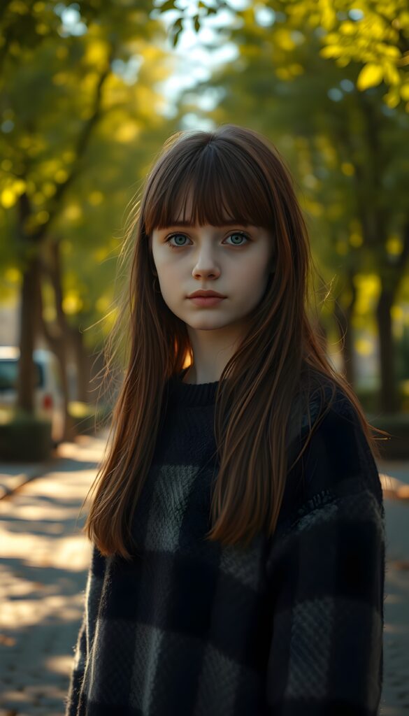 A melancholic young girl with long, straight auburn hair and expressive brown eyes stands in the center of a sunlit, tree-lined avenue. She wears a cozy black, white, and grey checked wool sweater. Her round face carries a poignant, longing expression as she gazes directly at the viewer. The scene is bathed in warm, golden sunlight filtering through the lush green leaves, creating a serene yet poignant atmosphere. The background features a picturesque cobblestone path lined with tall, vibrant trees, with soft, dappled light casting gentle shadows on the ground. The overall composition evokes a sense of quiet introspection and yearning.