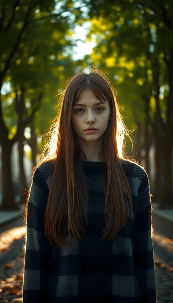 A melancholic young girl with long, straight auburn hair and expressive brown eyes stands in the center of a sunlit, tree-lined avenue. She wears a cozy black, white, and grey checked wool sweater. Her round face carries a poignant, longing expression as she gazes directly at the viewer. The scene is bathed in warm, golden sunlight filtering through the lush green leaves, creating a serene yet poignant atmosphere. The background features a picturesque cobblestone path lined with tall, vibrant trees, with soft, dappled light casting gentle shadows on the ground. The overall composition evokes a sense of quiet introspection and yearning.