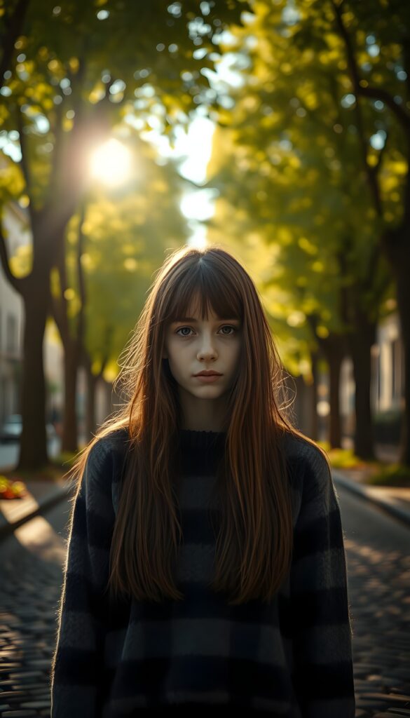 A melancholic young girl with long, straight auburn hair and expressive brown eyes stands in the center of a sunlit, tree-lined avenue. She wears a cozy black, white, and grey checked wool sweater. Her round face carries a poignant, longing expression as she gazes directly at the viewer. The scene is bathed in warm, golden sunlight filtering through the lush green leaves, creating a serene yet poignant atmosphere. The background features a picturesque cobblestone path lined with tall, vibrant trees, with soft, dappled light casting gentle shadows on the ground. The overall composition evokes a sense of quiet introspection and yearning.