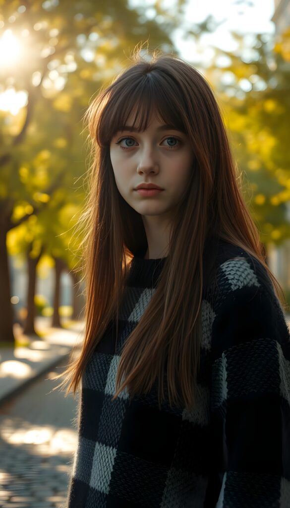 A melancholic young girl with long, straight auburn hair and expressive brown eyes stands in the center of a sunlit, tree-lined avenue. She wears a cozy black, white, and grey checked wool sweater. Her round face carries a poignant, longing expression as she gazes directly at the viewer. The scene is bathed in warm, golden sunlight filtering through the lush green leaves, creating a serene yet poignant atmosphere. The background features a picturesque cobblestone path lined with tall, vibrant trees, with soft, dappled light casting gentle shadows on the ground. The overall composition evokes a sense of quiet introspection and yearning.