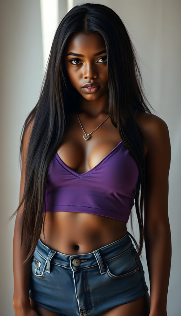 A mesmerizing, full-body portrait of a vibrant, dark tanned young teen girl with long straight ebony hair and a sculpted physique. She's clad in a purple deep-V neck cropped tank top, revealing her toned midriff and legs, paired with short denim jeans pants. Posed seductive against a contrasting white/grey backdrop, the soft natural lighting highlights her radiant energy. The scene is enhanced by a subtle, ethereal glow, with intricate details in her hair and clothing textures, creating a stunning, high-resolution image. She wears a silver necklace with a heart. Front view. Black round belly button.