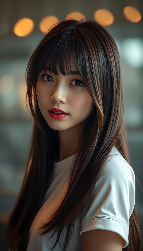 A mesmerizing Filipino girl with intricate Korean-style bangs, featuring highly detailed, ultra-realistic hair cascading beyond her shoulders. She is elegantly clad in a perfectly curved and fitted white short shirt, with a stunning face that exudes realism, complete with glowing, ultra-realistic amber eyes and delicate, detailed maroon straight hair that flows down her back. Her skin is highly detailed, with subtle wrinkles and a warm smile that draws the viewer in. Captured in an incredibly advanced image with deeply saturated colors, advanced film grain, and a soft focus that creates a sense of beauty and wonder. This advanced image represents the pinnacle of digital artistry, with unparalleled detail and advanced technology, making it a true masterpiece that pushes the boundaries of what is possible