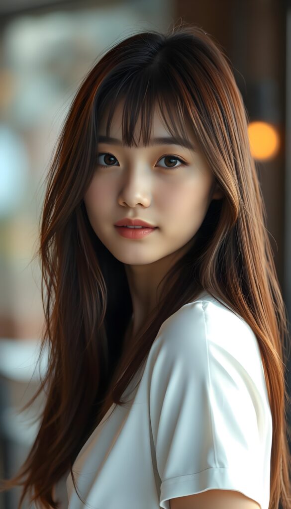 A mesmerizing Filipino girl with intricate Korean-style bangs, featuring highly detailed, ultra-realistic hair cascading beyond her shoulders. She is elegantly clad in a perfectly curved and fitted white short shirt, with a stunning face that exudes realism, complete with glowing, ultra-realistic amber eyes and delicate, detailed maroon straight hair that flows down her back. Her skin is highly detailed, with subtle wrinkles and a warm smile that draws the viewer in. Captured in an incredibly advanced image with deeply saturated colors, advanced film grain, and a soft focus that creates a sense of beauty and wonder. This advanced image represents the pinnacle of digital artistry, with unparalleled detail and advanced technology, making it a true masterpiece that pushes the boundaries of what is possible