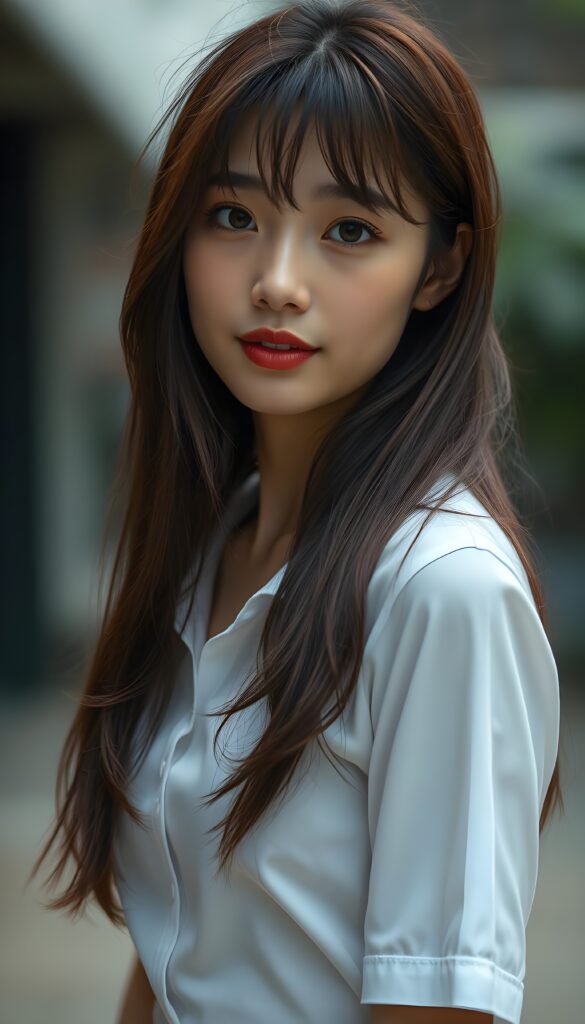 A mesmerizing Filipino girl with intricate Korean-style bangs, featuring highly detailed, ultra-realistic hair cascading beyond her shoulders. She is elegantly clad in a perfectly curved and fitted white short shirt, with a stunning face that exudes realism, complete with glowing, ultra-realistic amber eyes and delicate, detailed maroon straight hair that flows down her back. Her skin is highly detailed, with subtle wrinkles and a warm smile that draws the viewer in. Captured in an incredibly advanced image with deeply saturated colors, advanced film grain, and a soft focus that creates a sense of beauty and wonder. This advanced image represents the pinnacle of digital artistry, with unparalleled detail and advanced technology, making it a true masterpiece that pushes the boundaries of what is possible