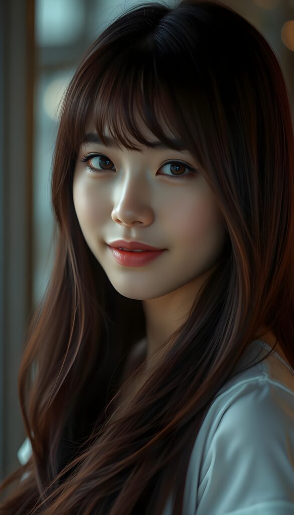 A mesmerizing Filipino girl with intricate Korean-style bangs, featuring highly detailed, ultra-realistic hair cascading beyond her shoulders. She is elegantly clad in a perfectly curved and fitted white short shirt, with a stunning face that exudes realism, complete with glowing, ultra-realistic amber eyes and delicate, detailed maroon straight hair that flows down her back. Her skin is highly detailed, with subtle wrinkles and a warm smile that draws the viewer in. Captured in an incredibly advanced image with deeply saturated colors, advanced film grain, and a soft focus that creates a sense of beauty and wonder. This advanced image represents the pinnacle of digital artistry, with unparalleled detail and advanced technology, making it a true masterpiece that pushes the boundaries of what is possible