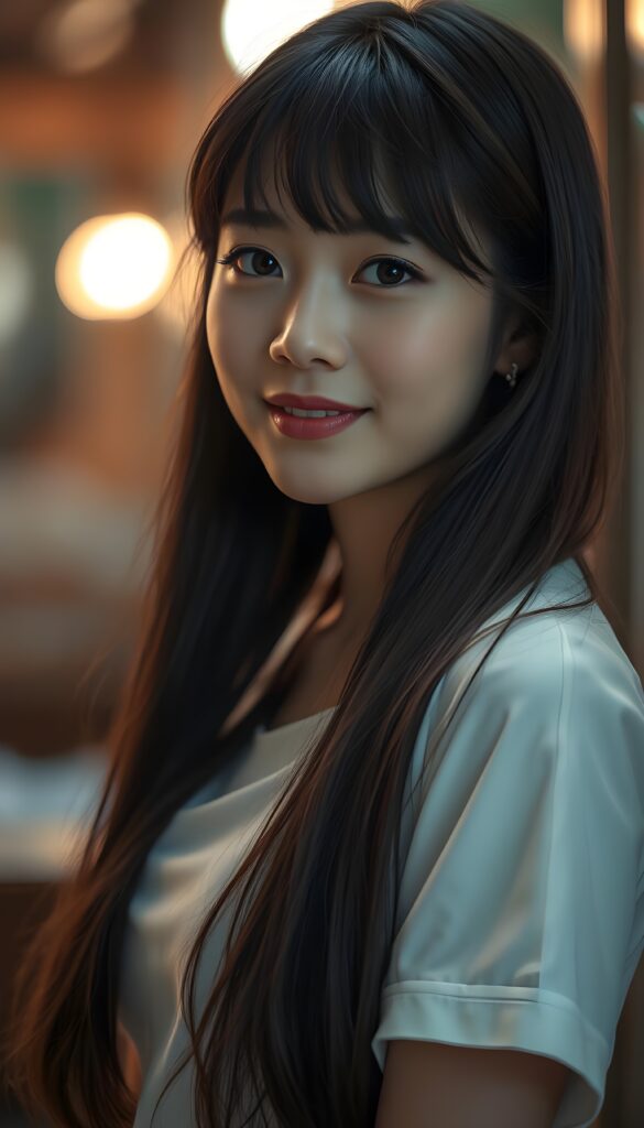 A mesmerizing Filipino girl with intricate Korean-style bangs, featuring highly detailed, ultra-realistic hair cascading beyond her shoulders. She is elegantly clad in a perfectly curved and fitted white short shirt, with a stunning face that exudes realism, complete with glowing, ultra-realistic amber eyes and delicate, detailed maroon straight hair that flows down her back. Her skin is highly detailed, with subtle wrinkles and a warm smile that draws the viewer in. Captured in an incredibly advanced image with deeply saturated colors, advanced film grain, and a soft focus that creates a sense of beauty and wonder. This advanced image represents the pinnacle of digital artistry, with unparalleled detail and advanced technology, making it a true masterpiece that pushes the boundaries of what is possible