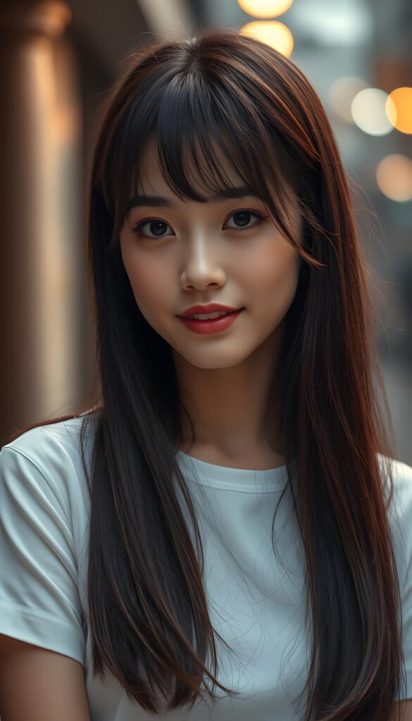 A mesmerizing Filipino girl with intricate Korean-style bangs, featuring highly detailed, ultra-realistic hair cascading beyond her shoulders. She is elegantly clad in a perfectly curved and fitted white short shirt, with a stunning face that exudes realism, complete with glowing, ultra-realistic amber eyes and delicate, detailed maroon straight hair that flows down her back. Her skin is highly detailed, with subtle wrinkles and a warm smile that draws the viewer in. Captured in an incredibly advanced image with deeply saturated colors, advanced film grain, and a soft focus that creates a sense of beauty and wonder. This advanced image represents the pinnacle of digital artistry, with unparalleled detail and advanced technology, making it a true masterpiece that pushes the boundaries of what is possible