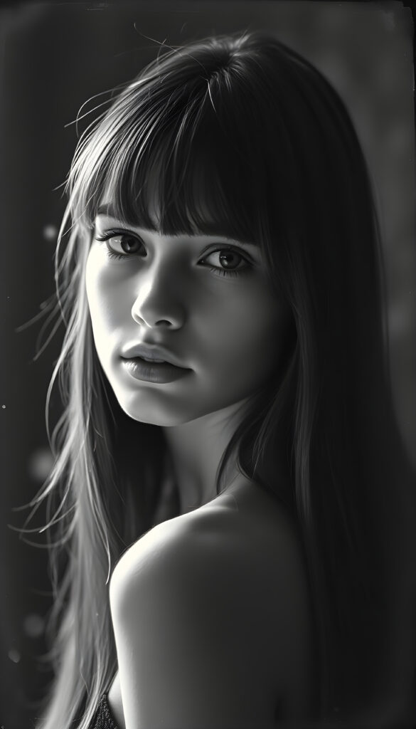 A mesmerizing black and white vintage portrait of a young girl, aged 18, with flawless features and an elegant pose, her side-swept bangs framing her face, long straight soft hair. The image is illuminated by soft, ethereal lighting, casting delicate shadows that enhance her timeless beauty. The background features subtle water stains that add a nostalgic touch, blending seamlessly with the grainy texture of the canvas. The composition includes intricate details like the gentle curve of her lips and the sparkle in her eyes, making this a truly captivating and artistic masterpiece.