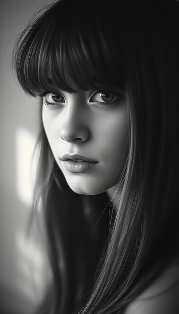 A mesmerizing black and white vintage portrait of a young girl, aged 18, with flawless features and an elegant pose, her side-swept bangs framing her face, long straight soft hair. The image is illuminated by soft, ethereal lighting, casting delicate shadows that enhance her timeless beauty. The background features subtle water stains that add a nostalgic touch, blending seamlessly with the grainy texture of the canvas. The composition includes intricate details like the gentle curve of her lips and the sparkle in her eyes, making this a truly captivating and artistic masterpiece.