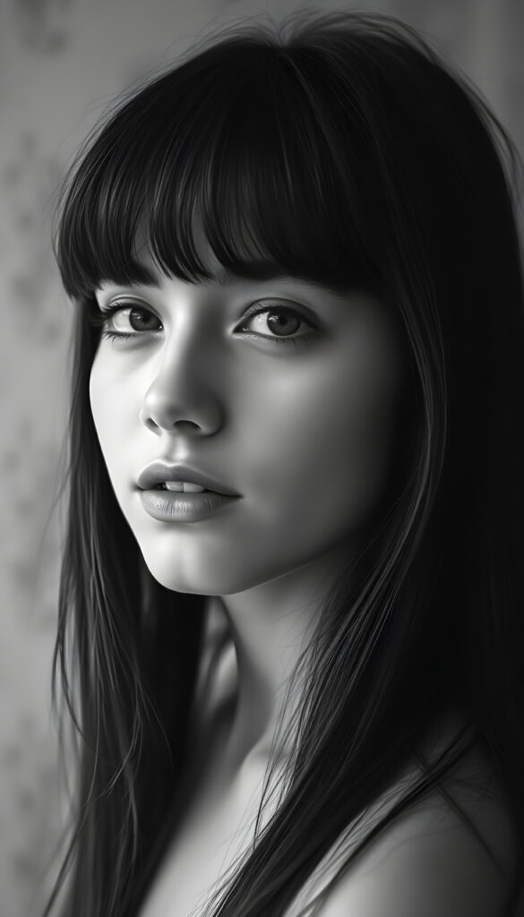 A mesmerizing black and white vintage portrait of a young girl, aged 18, with flawless features and an elegant pose, her side-swept bangs framing her face, long straight soft hair. The image is illuminated by soft, ethereal lighting, casting delicate shadows that enhance her timeless beauty. The background features subtle water stains that add a nostalgic touch, blending seamlessly with the grainy texture of the canvas. The composition includes intricate details like the gentle curve of her lips and the sparkle in her eyes, making this a truly captivating and artistic masterpiece.