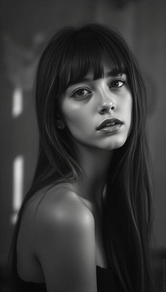 A mesmerizing black and white vintage portrait of a young girl, aged 18, with flawless features and an elegant pose, her side-swept bangs framing her face, long straight soft hair. The image is illuminated by soft, ethereal lighting, casting delicate shadows that enhance her timeless beauty. The background features subtle water stains that add a nostalgic touch, blending seamlessly with the grainy texture of the canvas. The composition includes intricate details like the gentle curve of her lips and the sparkle in her eyes, making this a truly captivating and artistic masterpiece.
