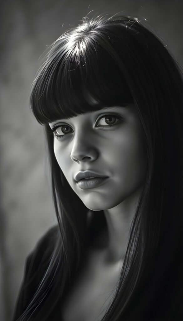 A mesmerizing black and white vintage portrait of a young girl, aged 18, with flawless features and an elegant pose, her side-swept bangs framing her face, long straight soft hair. The image is illuminated by soft, ethereal lighting, casting delicate shadows that enhance her timeless beauty. The background features subtle water stains that add a nostalgic touch, blending seamlessly with the grainy texture of the canvas. The composition includes intricate details like the gentle curve of her lips and the sparkle in her eyes, making this a truly captivating and artistic masterpiece.