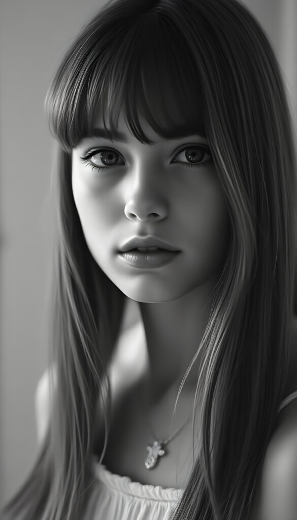 A mesmerizing black and white vintage portrait of a young girl, aged 18, with flawless features and an elegant pose, her side-swept bangs framing her face, long straight soft hair. The image is illuminated by soft, ethereal lighting, casting delicate shadows that enhance her timeless beauty. The background features subtle water stains that add a nostalgic touch, blending seamlessly with the grainy texture of the canvas. The composition includes intricate details like the gentle curve of her lips and the sparkle in her eyes, making this a truly captivating and artistic masterpiece.