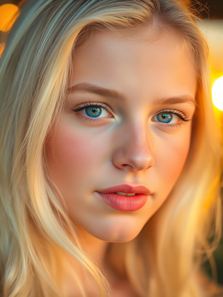 A mesmerizing close-up of a young woman with silky, platinum blonde hair cascading in soft waves. Her deep, cobalt blue eyes are large and luminous, reflecting an enchanting allure. Her flawless, porcelain skin glows with a subtle, warm hue. Her lips are slightly parted, revealing a hint of her pearly white teeth, inviting and alluring. The lighting is soft and golden, casting a warm, ethereal glow across her features. The background is a dreamy bokeh of warm, sunset colors, enhancing the girl's captivating presence. She gazes directly into the camera, exuding a gentle yet captivating charm.