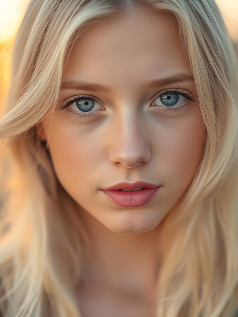 A mesmerizing close-up of a young woman with silky, platinum blonde hair cascading in soft waves. Her deep, cobalt blue eyes are large and luminous, reflecting an enchanting allure. Her flawless, porcelain skin glows with a subtle, warm hue. Her lips are slightly parted, revealing a hint of her pearly white teeth, inviting and alluring. The lighting is soft and golden, casting a warm, ethereal glow across her features. The background is a dreamy bokeh of warm, sunset colors, enhancing the girl's captivating presence. She gazes directly into the camera, exuding a gentle yet captivating charm.