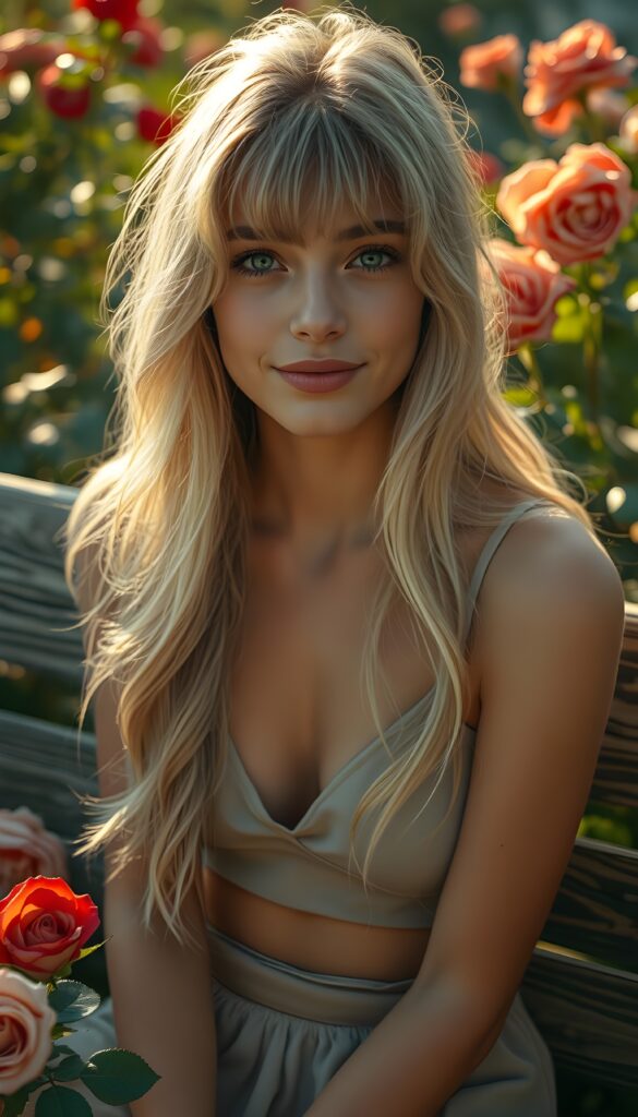 A mesmerizing close-up portrait of a radiant young woman with an angelic face, exuding an ethereal glow. Her long, sun-kissed blonde hair cascades in gentle waves, framing her flawless features. Delicate bangs kiss her forehead, enhancing her youthful charm. Her sparkling eyes reflect a world of innocence and grace. The scene is bathed in soft, golden light, casting a warm, enchanting ambiance. She sits serenely on a weathered wooden bench, surrounded by a lush garden of vibrant roses. The roses, in various shades of crimson and ivory, add a touch of romance and elegance. Her perfectly manicured hands rest gently on her lap, while a soft smile adorns her lips. She wears a cropped, deep V-neck tank top that complements her figure, accentuating her natural beauty. Every detail is meticulously rendered, from the subtle play of light on her skin to the intricate petals of the roses, creating a harmonious and captivating image.