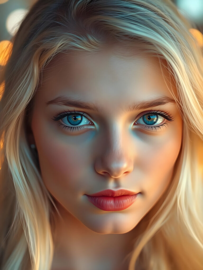 A mesmerizing close-up of a young woman with silky, platinum blonde hair cascading in soft waves. Her deep, cobalt blue eyes are large and luminous, reflecting an enchanting allure. Her flawless, porcelain skin glows with a subtle, warm hue. Her lips are slightly parted, revealing a hint of her pearly white teeth, inviting and alluring. The lighting is soft and golden, casting a warm, ethereal glow across her features. The background is a dreamy bokeh of warm, sunset colors, enhancing the girl's captivating presence. She gazes directly into the camera, exuding a gentle yet captivating charm.