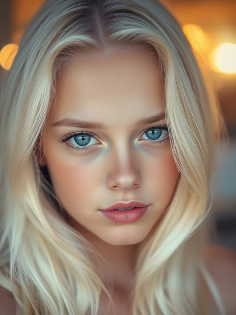 A mesmerizing close-up of a young woman with silky, platinum blonde hair cascading in soft waves. Her deep, cobalt blue eyes are large and luminous, reflecting an enchanting allure. Her flawless, porcelain skin glows with a subtle, warm hue. Her lips are slightly parted, revealing a hint of her pearly white teeth, inviting and alluring. The lighting is soft and golden, casting a warm, ethereal glow across her features. The background is a dreamy bokeh of warm, sunset colors, enhancing the girl's captivating presence. She gazes directly into the camera, exuding a gentle yet captivating charm.