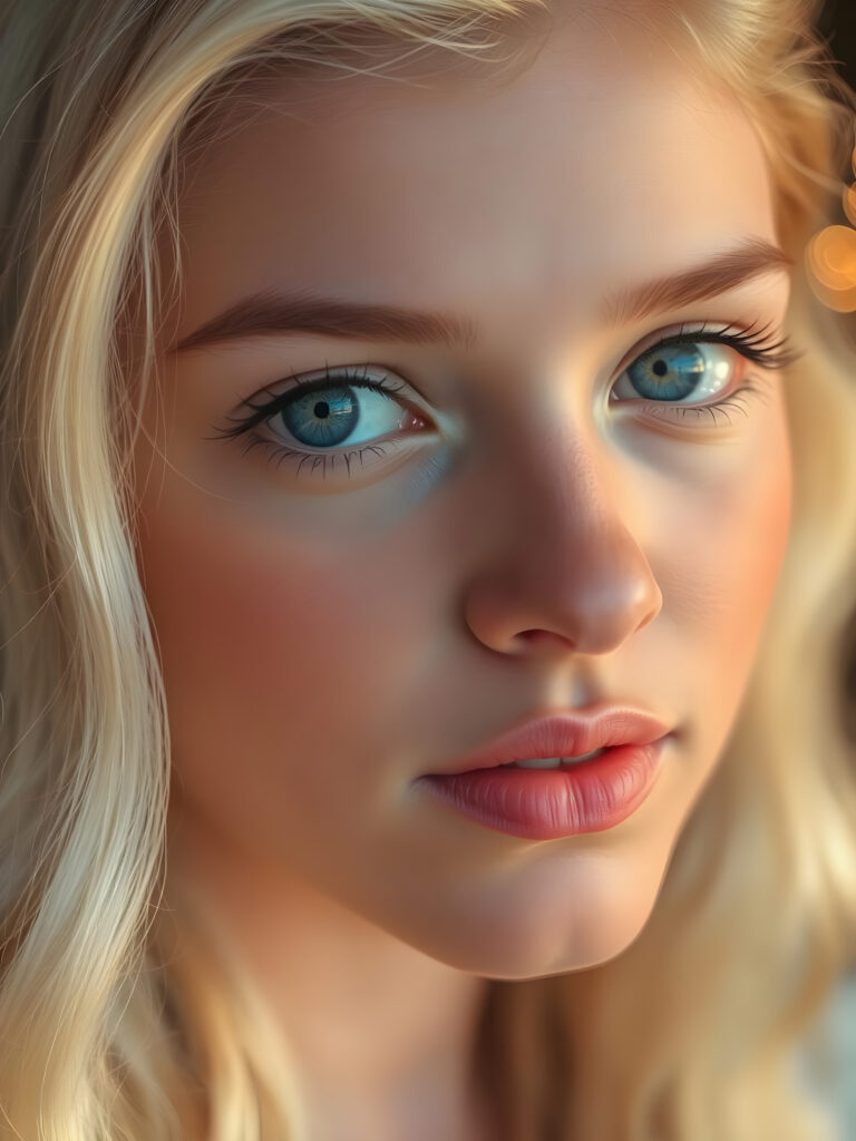 A mesmerizing close-up of a young woman with silky, platinum blonde hair cascading in soft waves. Her deep, cobalt blue eyes are large and luminous, reflecting an enchanting allure. Her flawless, porcelain skin glows with a subtle, warm hue. Her lips are slightly parted, revealing a hint of her pearly white teeth, inviting and alluring. The lighting is soft and golden, casting a warm, ethereal glow across her features. The background is a dreamy bokeh of warm, sunset colors, enhancing the girl's captivating presence. She gazes directly into the camera, exuding a gentle yet captivating charm.