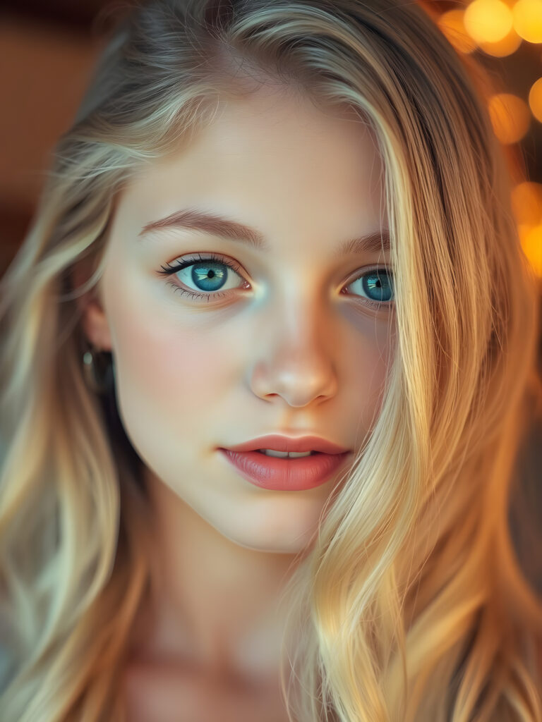A mesmerizing close-up of a young woman with silky, platinum blonde hair cascading in soft waves. Her deep, cobalt blue eyes are large and luminous, reflecting an enchanting allure. Her flawless, porcelain skin glows with a subtle, warm hue. Her lips are slightly parted, revealing a hint of her pearly white teeth, inviting and alluring. The lighting is soft and golden, casting a warm, ethereal glow across her features. The background is a dreamy bokeh of warm, sunset colors, enhancing the girl's captivating presence. She gazes directly into the camera, exuding a gentle yet captivating charm.